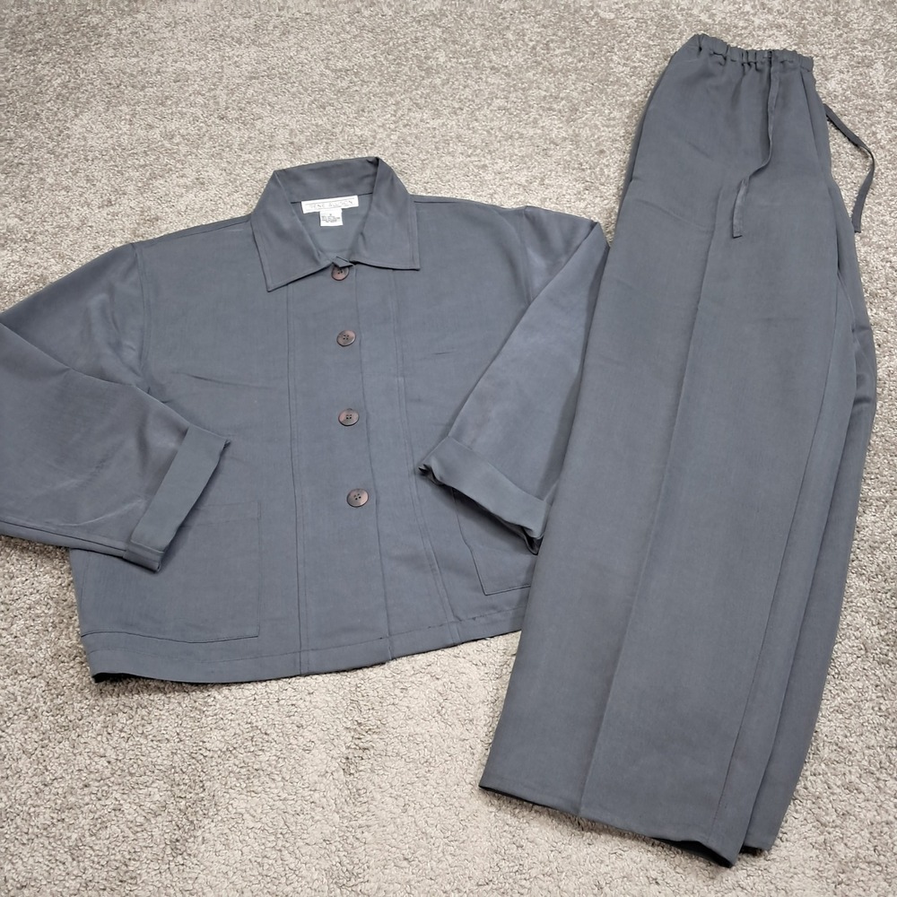 Irene Allison Women Gray 2 Piece Pant Set Button Jacket Elastic Waist Trousers S